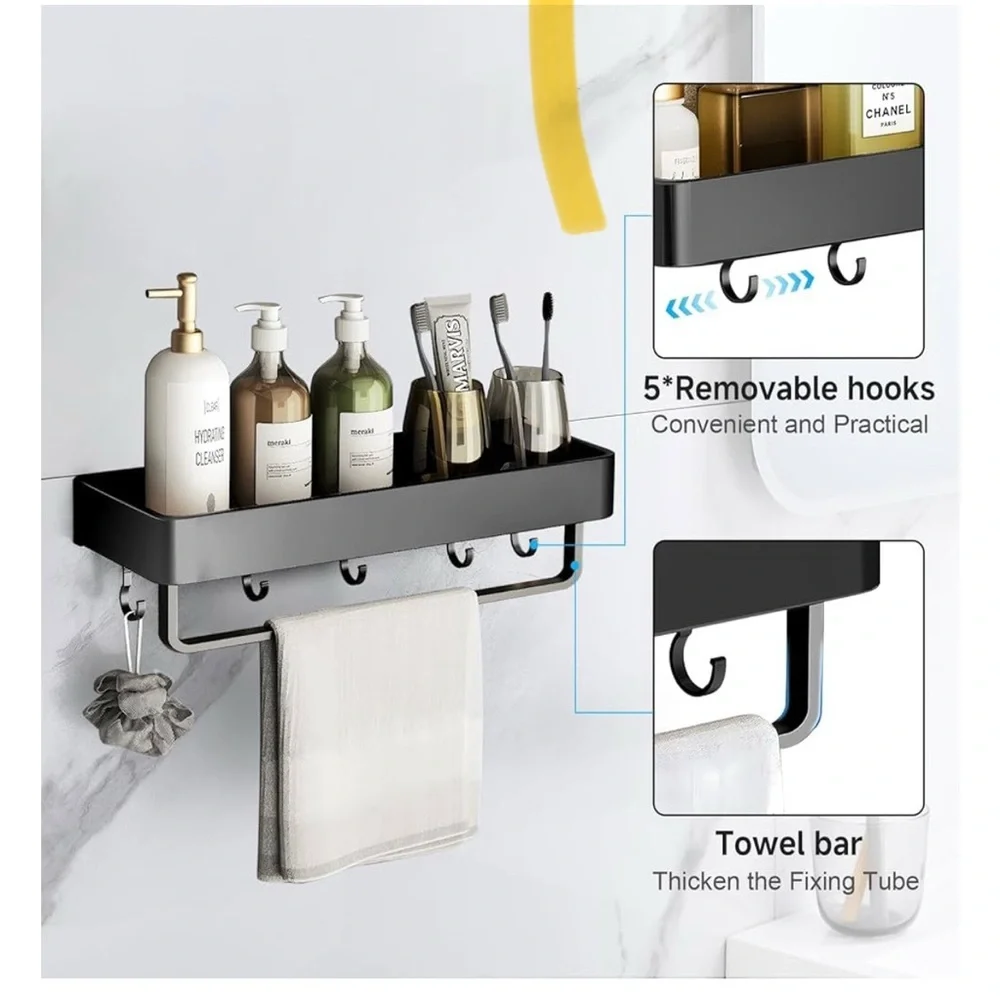 Black Wall-Mounted Bathroom Shelf with Hooks